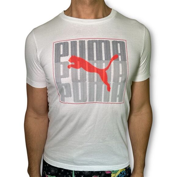 Puma Men’s White Short Sleeve T-Shirt with Light Gray Logo - Picture 1 of 7